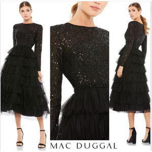 Ieena for Mac Duggal 26299 Long Sleeve Ruffle Tiered Midi Dress Black Size 14